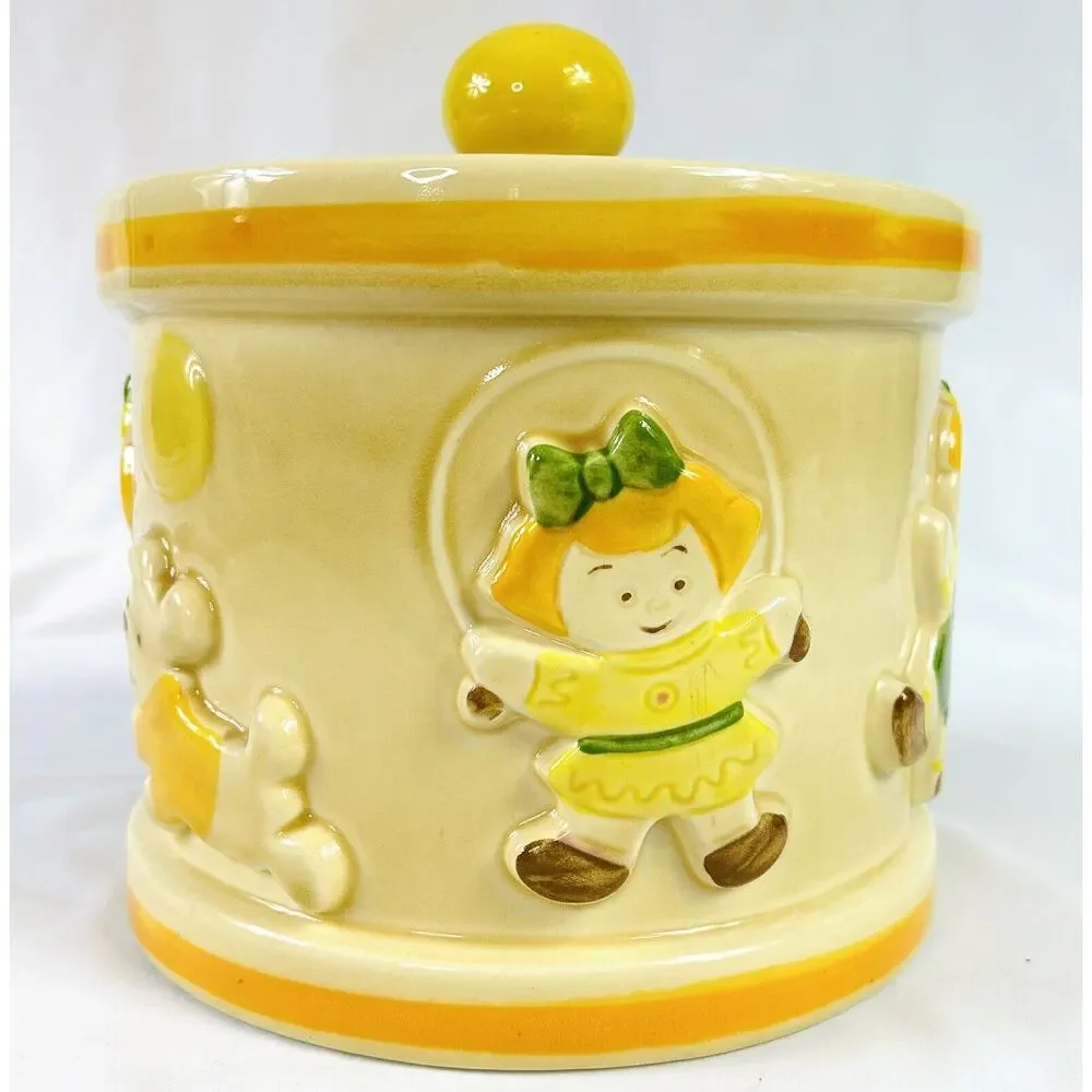 Vtg Metlox Poppytrail Drum Cookie Jar Canister w/ Lid Children Kids Playing